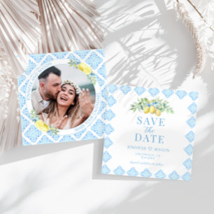 Blue Tiles Lemon Save The Date Photo Invitation