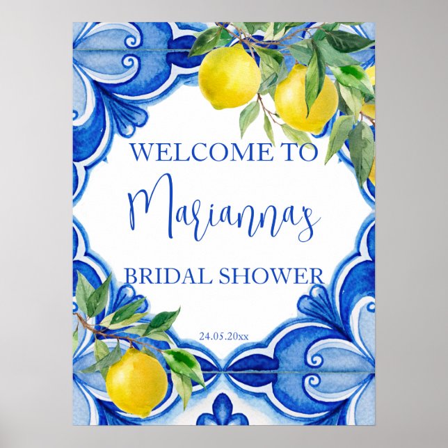 Blue tiles lemon thats amore bridal shower welcome poster (Front)