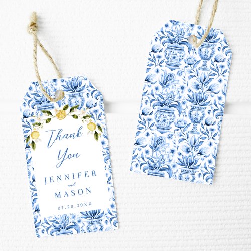 Blue tiles lemon wedding thank you gift favor tags