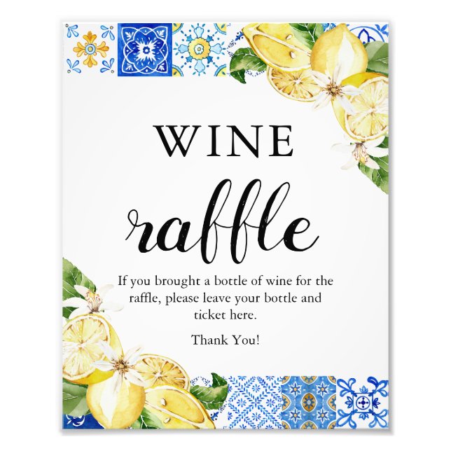 Blue Tiles Lemon Wine Raffle Bridal Shower Sign (Front)