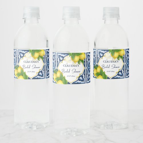 Blue tiles lemons Amalfi Italian bridal shower Water Bottle Label