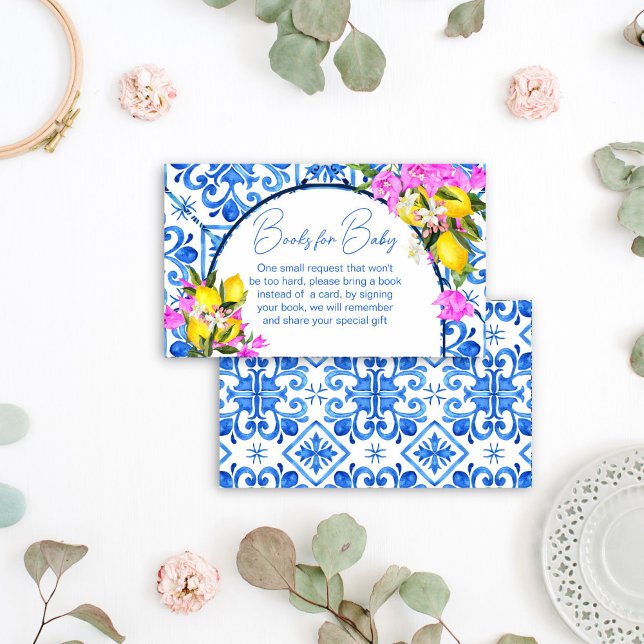 Blue Tiles Lemons Bougainvillea books request Enclosure Card (Blue Tiles Lemons Bougainvillea books request Card Mediterranean baby shower books for baby card)