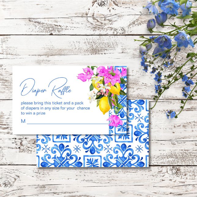 Blue Tiles Lemons Bougainvillea diaper raffle Enclosure Card (Blue Tiles Lemons Bougainvillea Mediterranean baby shower diaper raffle Enclosure Card)