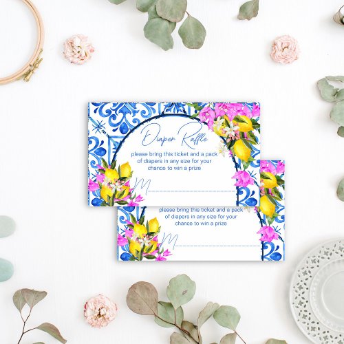 Blue Tiles Lemons Bougainvillea diaper raffle Enclosure Card