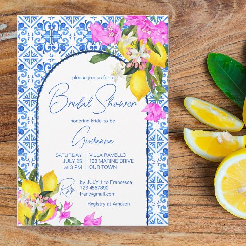 Blue Tiles Lemons Bougainvillea Mediterranean Invitation
