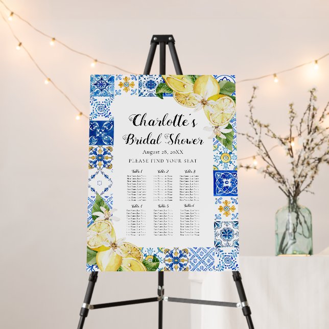 Blue Tiles Lemons Bridal Shower Seating Chart Sign (In Situ (Stand))
