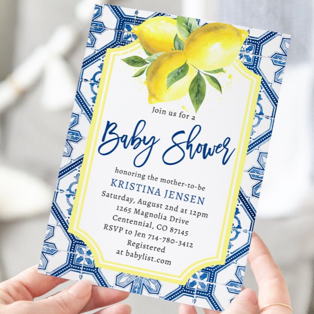 Blue Tiles Lemons Capri Baby Shower Invitation (Creator Uploaded)