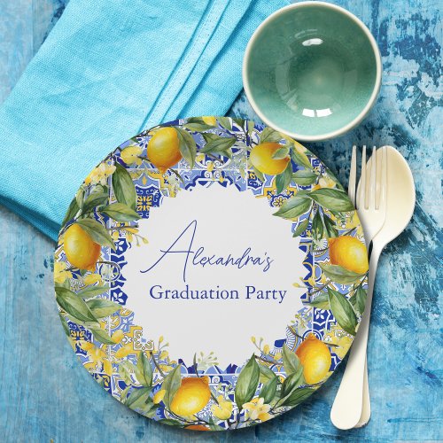 Blue tiles Lemons Graduation Paper Plates