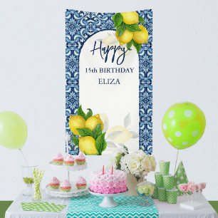 Blue tiles lemons Italian Amalfi Happy Birthday Banner