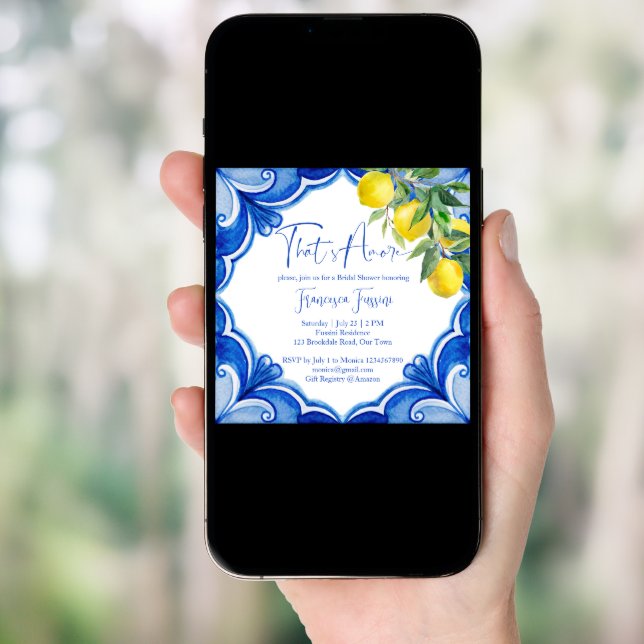 Blue tiles lemons Italian bridal shower Invitation (Front Digital)