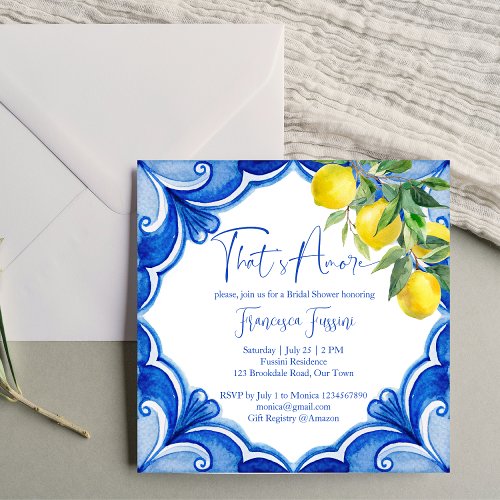 Blue tiles lemons Italian bridal shower Invitation