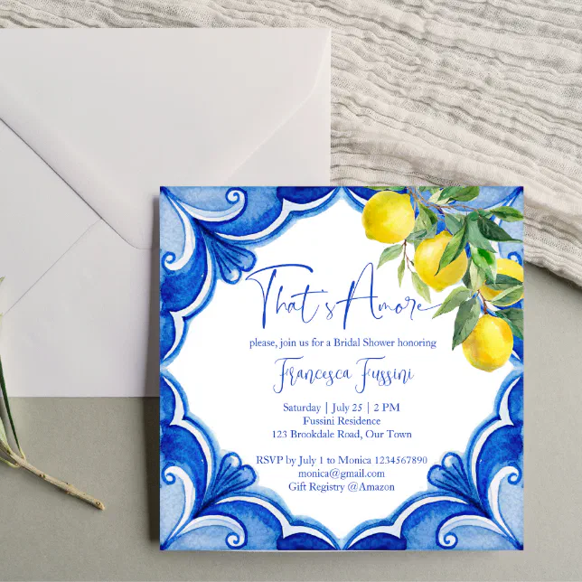 Blue tiles lemons Italian bridal shower Invitation | Zazzle