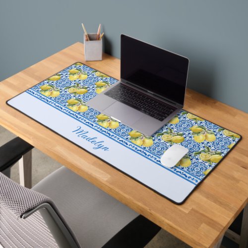 Blue Tiles Lemons Mediterranean Pattern Name Desk Mat