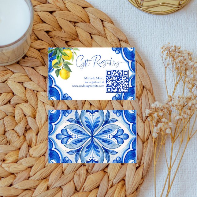 Blue tiles lemons that's amore gifts registry enclosure card (Blue tiles lemons that's amore Italian bridal shower qr gifts registry enclosure card)