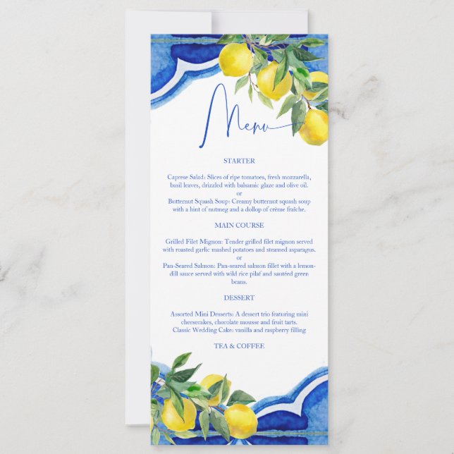 Blue tiles lemons vintage Italian menu card (Front)