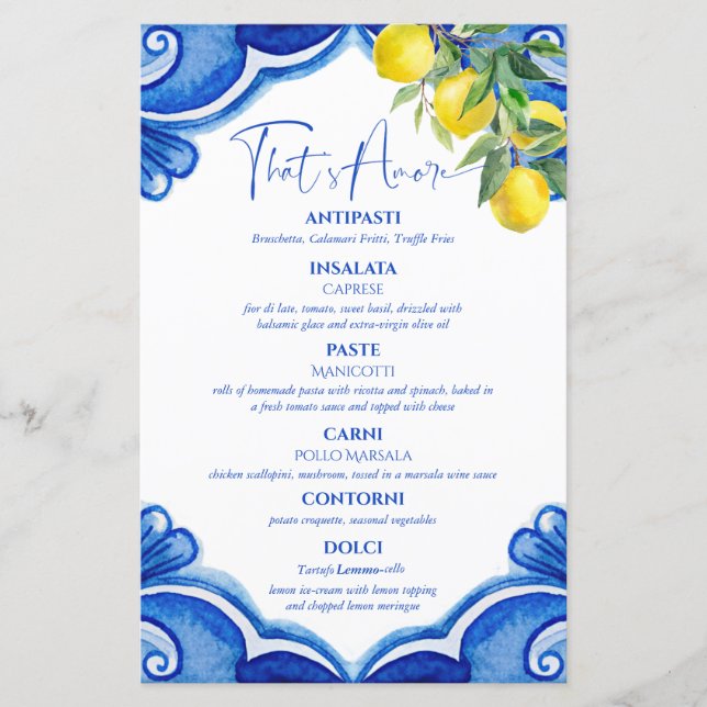Blue tiles lemons vintage Italian menu card (Front)