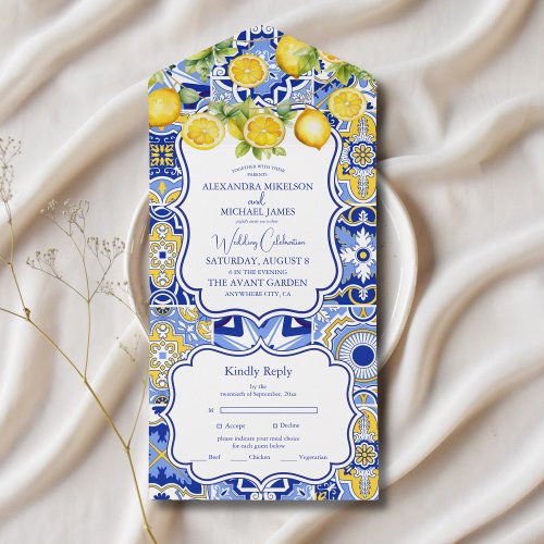 Blue tiles Lemons Wedding All In One Invitation
