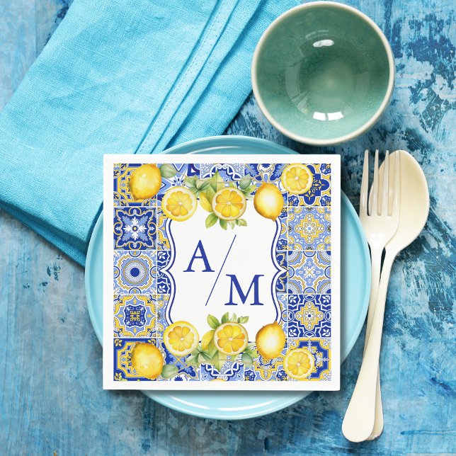 Blue tiles Lemons Wedding Napkins (Creator Uploaded)