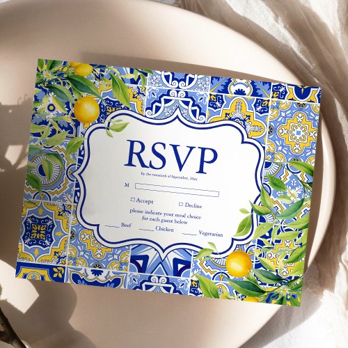 Blue tiles Lemons Wedding RSVP Card