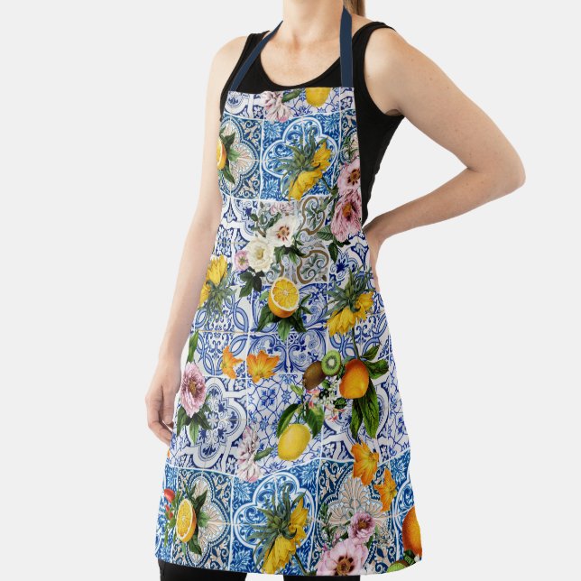 Blue tiles Mediterranean Floral  Apron (Insitu)
