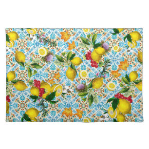 Blue tiles Mediterranean Floral Cloth Placemat