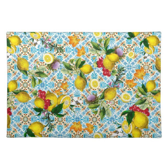 Blue tiles Mediterranean Floral  Cloth Placemat (Front)