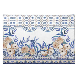Blue tiles Mediterranean Floral  Cloth Placemat