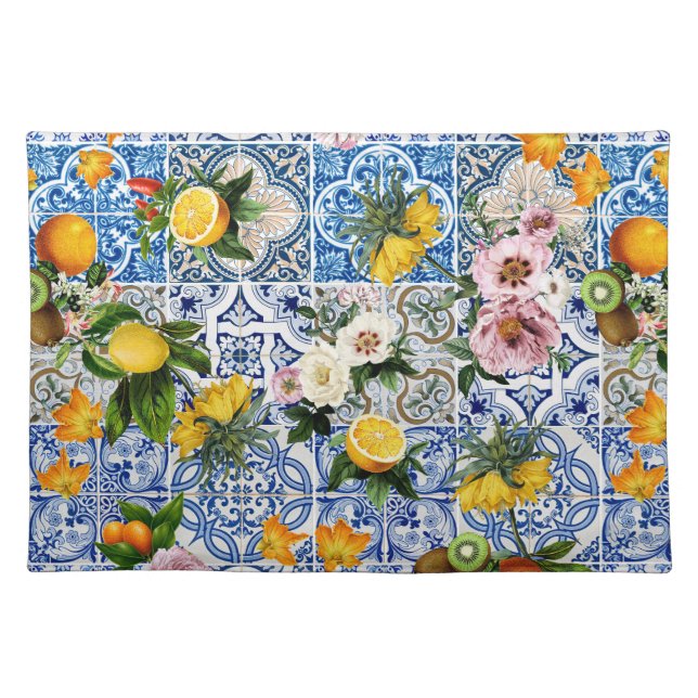 Blue tiles Mediterranean Floral  Cloth Placemat (Front)