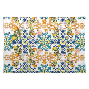 Blue tiles Mediterranean Floral Cloth Placemat