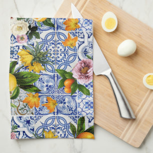 Blue tiles Mediterranean Floral Kitchen Towel