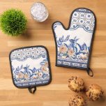 Blue tiles Mediterranean Floral  Oven Mitt &amp; Pot Holder Set