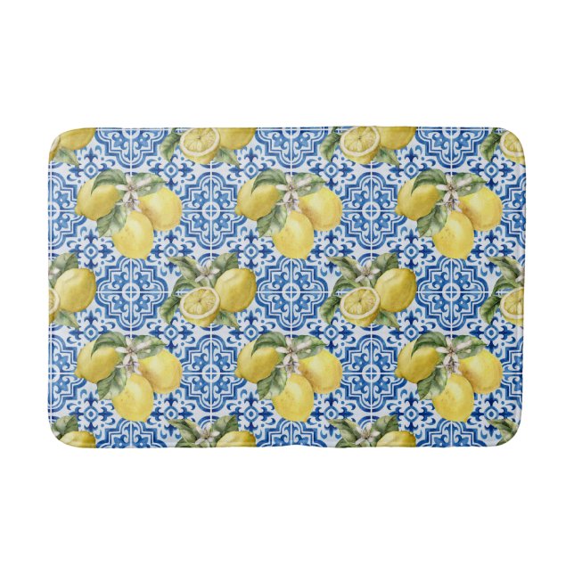 Blue Tiles Mediterranean Lemon Pattern Bath Mat (Front)