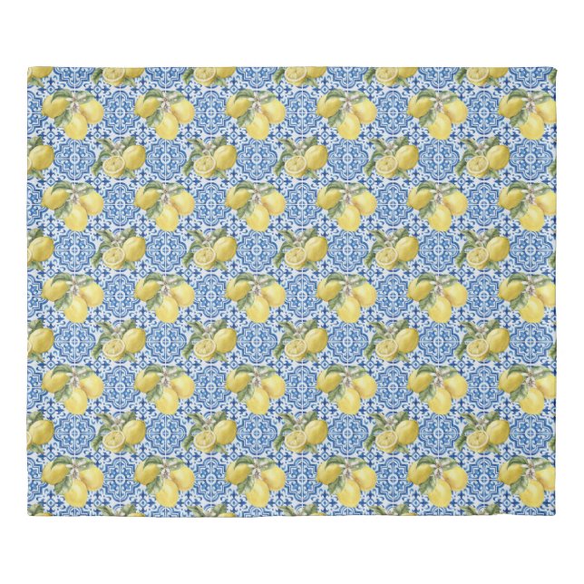 Blue Tiles Mediterranean Lemon Pattern Duvet Cover (Front)