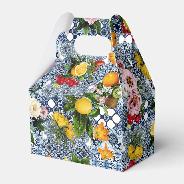 Blue Tiles Mediterranean Lemon Pattern Favor Boxes (Front Side)