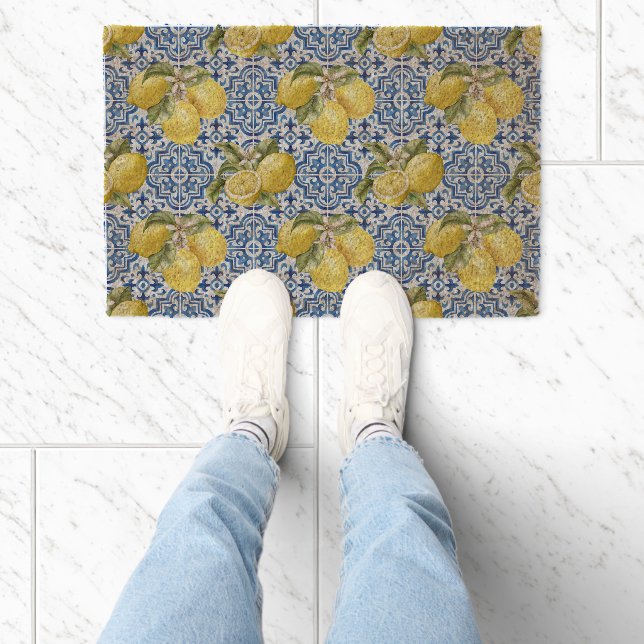 Blue Tiles Mediterranean Lemon Pattern Fiber Doormat (Insitu)