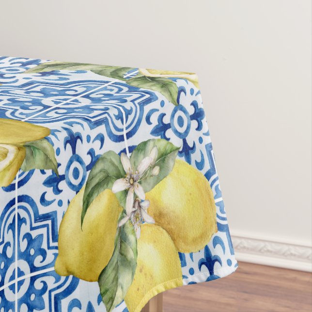 Blue Tiles Mediterranean Lemon Pattern Tablecloth (In Situ)