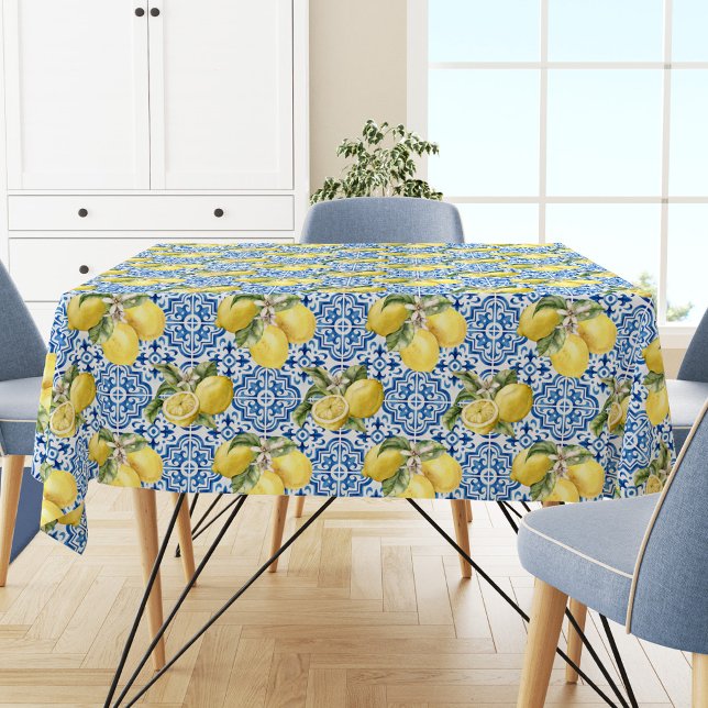 Blue Tiles Mediterranean Lemon Pattern Tablecloth (Creator Uploaded)