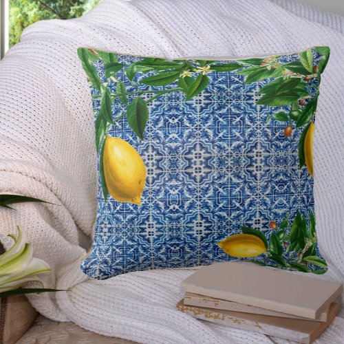 Blue Tiles Mediterranean  Lemons Chic Modern Throw Pillow