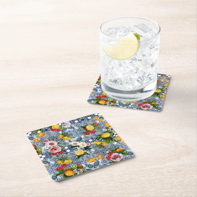 Blue Tiles Mediterranean Pattern  Square Paper Coaster (Insitu)