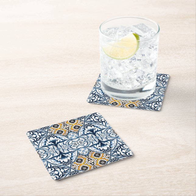 Blue Tiles Mediterranean Pattern  Square Paper Coaster (Insitu)