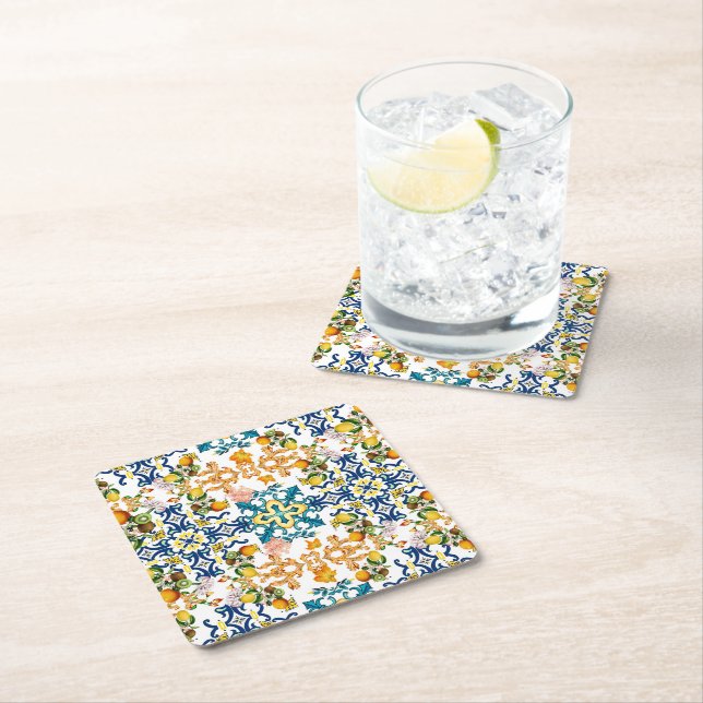 Blue Tiles Mediterranean Pattern  Square Paper Coaster (Insitu)