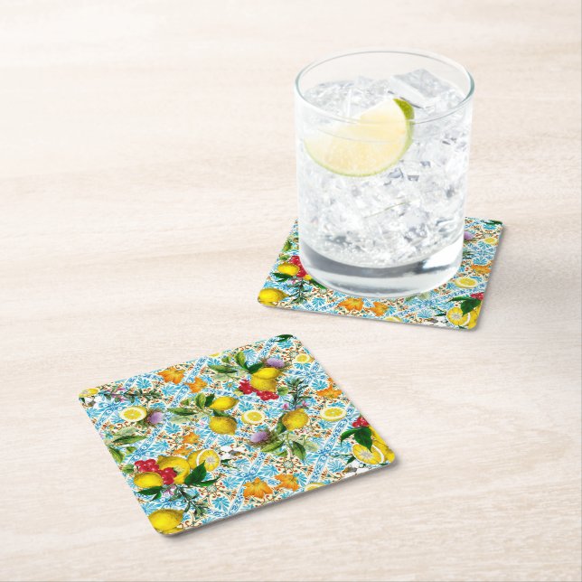Blue Tiles Mediterranean Pattern  Square Paper Coaster (Insitu)