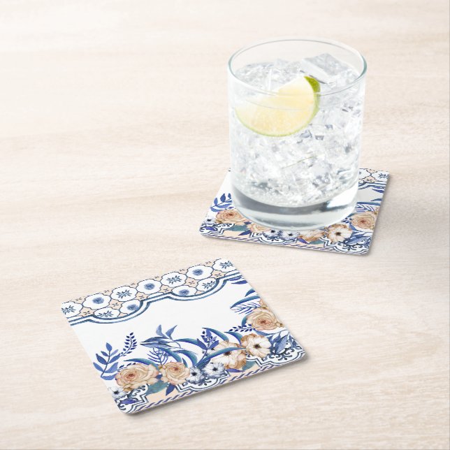 Blue Tiles Mediterranean Pattern  Square Paper Coaster (Insitu)