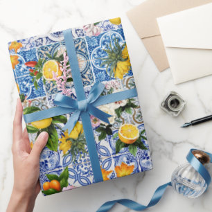Blue Tiles Mediterranean Pattern Wrapping Paper