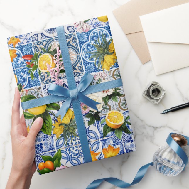 Blue Tiles Mediterranean Pattern Wrapping Paper (Gifting)