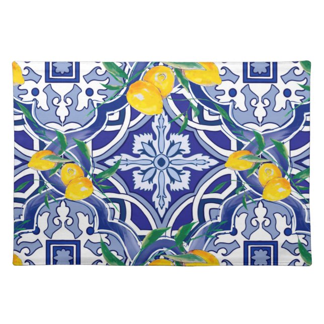 Blue tiles,Mediterranean tiles,majolica   Cloth Placemat (Front)