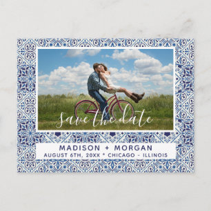 Blue Tiles Photos Save the Date Announcement Postcard
