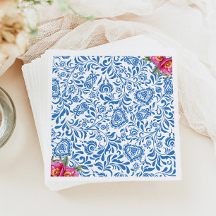 Blue Tiles Pink Flower Mediterranean Greek Party Napkins