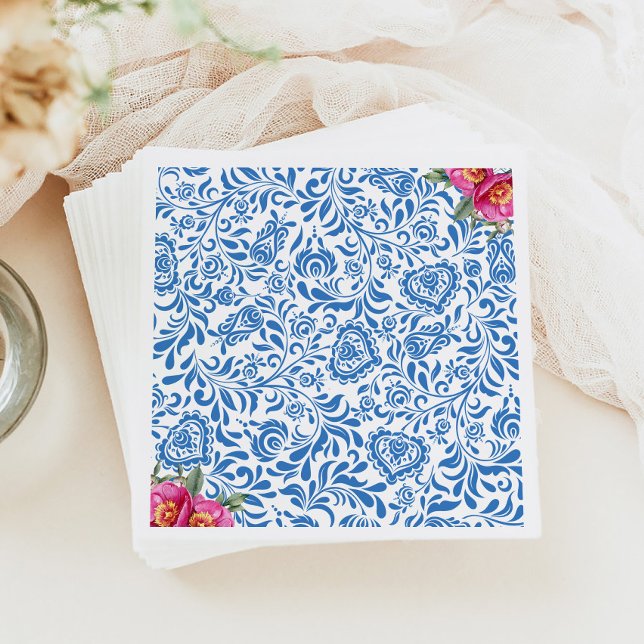 Blue Tiles Pink Flower Mediterranean Greek Party Napkins (Creator Uploaded)
