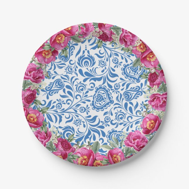 Blue Tiles Pink Flower Mediterranean Party Paper Plates (Front)